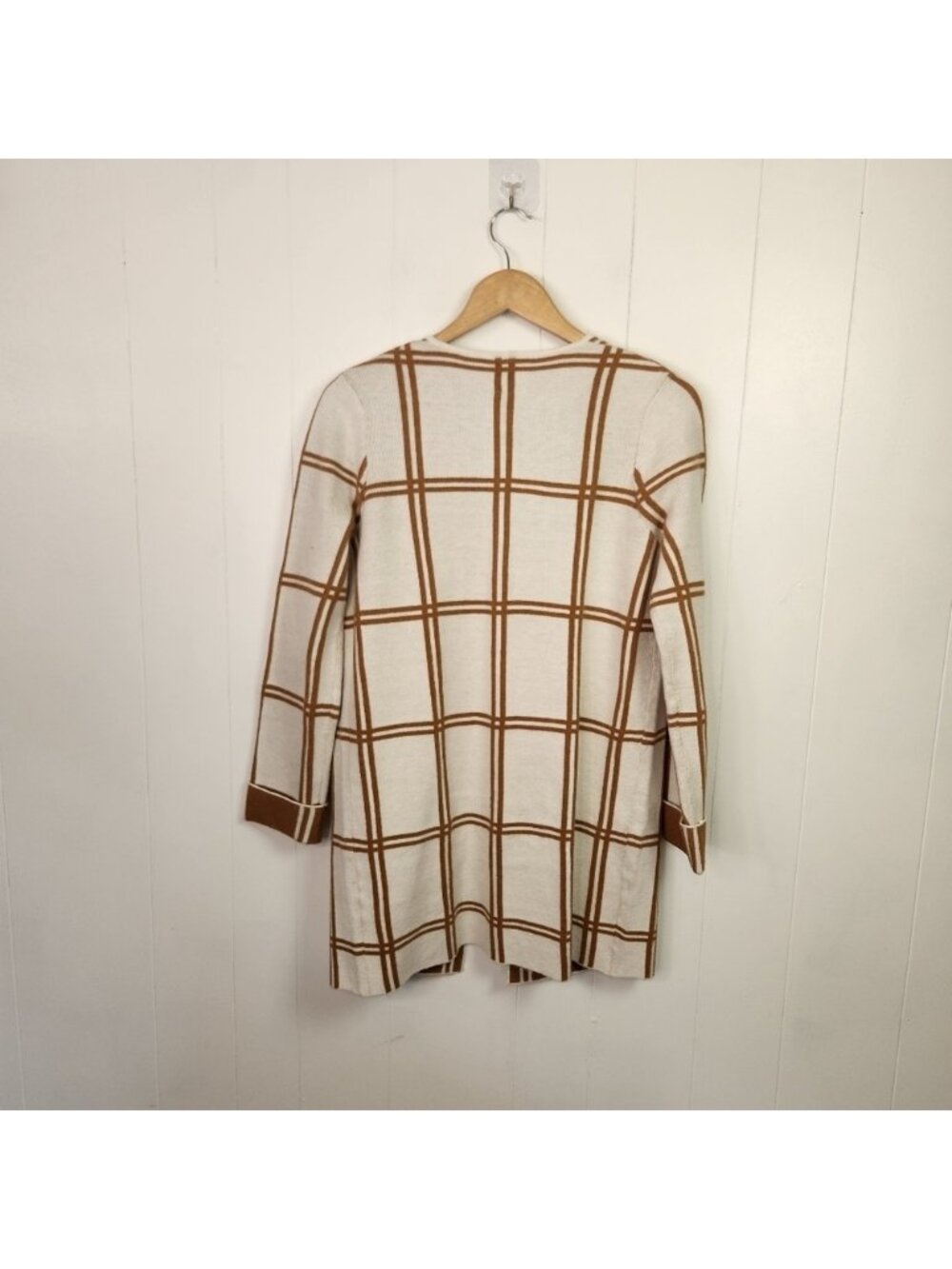 Rain & Rose Open Front Soft Cardigan Off White Tan Plaid Size Medium Office Fall - Picture 3 of 7